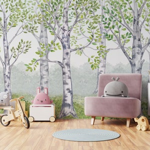 Boschetto di betulle dell'acquerello della foresta. Albero della giungla per carta da parati murale per bambini per la decorazione della camera dei bambini autoadesiva, decorazione della cameretta dei bambini