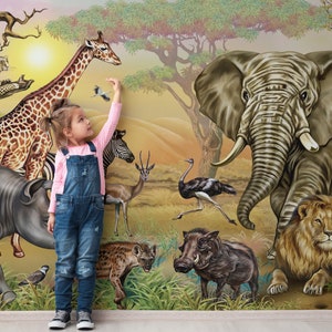 Carta da parati staccabile e incolla con animali del safari nella giungla/murale con fauna selvatica africana Art-B137