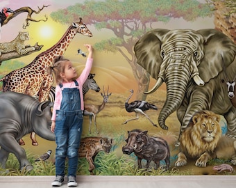African Animals Kids Wallpaper Safari Jungle Animals Wall Mural, Removable, Kids Room Wall Mural Nursery Room