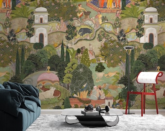 Weelderige Jaipur Garden Wallpaper Mural - Levendig groen Peel & Stick Wallpaper - De historische tuinen van Jaipur Wallpaper Mural