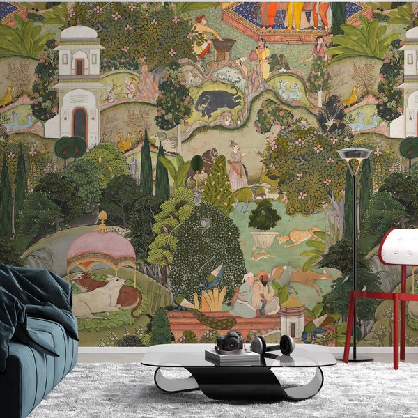 Jaipur Garden Wallpaper Mural: Vibrant Green Peel & Stick Wallpaper