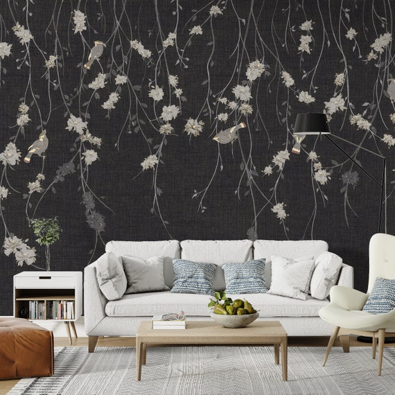Floral Bird Wallpaper Mural: Dark Background, Hanging Flowers