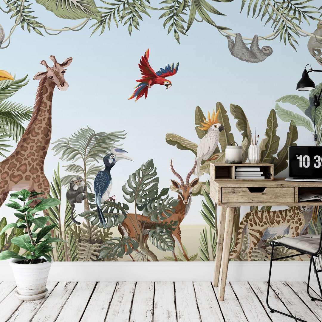 Kids Room Tropical Jungle Wallpaper Mural | Safari Peel and Stick ...