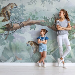 Leopard Wallpaper, Peel and Stick Safari Animal Mural, Tropical Tree Wall Covering