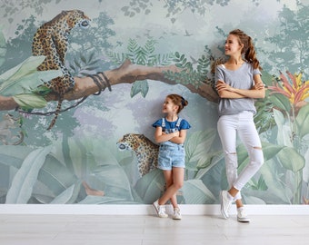 Leopard Tapete, Schälen und aufkleben Safari Tier Wandbild, Tropischer Baum Wandverkleidung