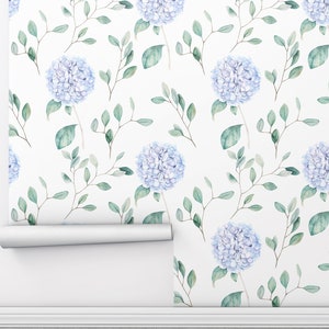 Hortensia Blumen Wallpaper, Eukalyptuszweige schälen und aufkleben, Aquarell abnehmbare selbstklebende Tapetenrolle von Amazing Wallpaper