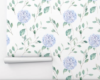 Watercolor Hortensia Flowers Wallpaper: Eucalyptus Peel and Stick