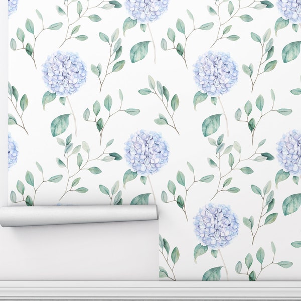 Hortensia Flowers Wallpaper, Eucalyptus Branches Peel and stick, Watercolor Removable Self Adhesive Wallpaper Roll by Amazing Wallpaper