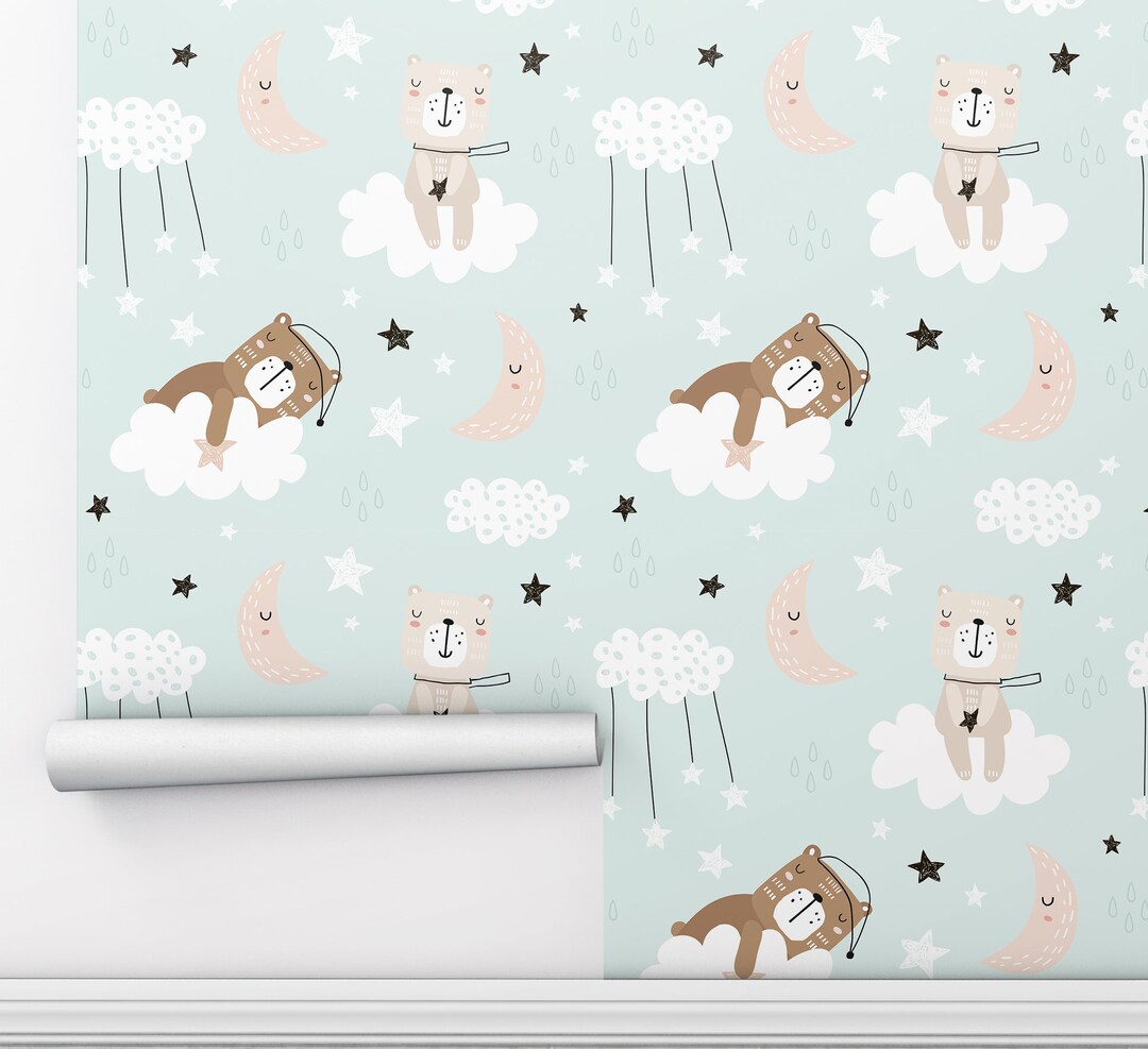 Bear Clouds Wallpaper, Scandinavian Kids Room Decor, Peel and Stick - Etsy