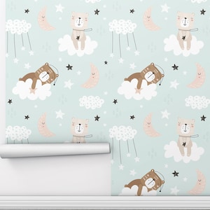 Carta da parati per bambini, con simpatici orsetti su Nuvole, Luna, Stelle. Carta da parati creativa scandinava per bambini Carta da parati rimovibile