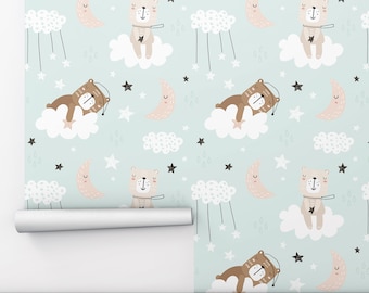 Bear Clouds Wallpaper, Scandinavian Kids Room Decor, Peel and Stick