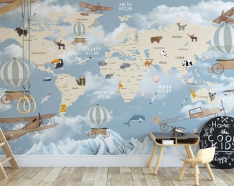 Kids World Map Wallpaper Peel and Stick Self Adhesive, Wall Mural Removable Little Animals Wallpaper Kids Room
