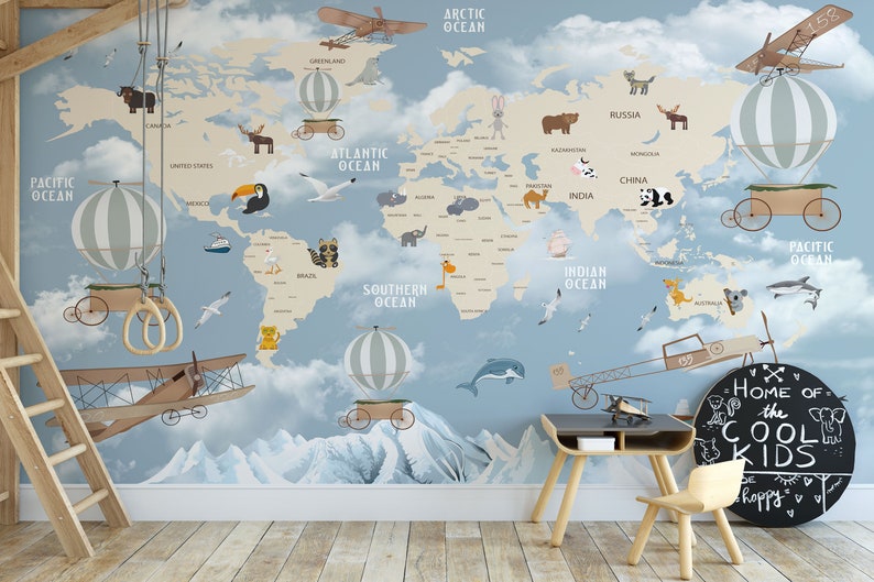 Kids World Map Wallpaper: Peel and Stick Animal Mural - Etsy