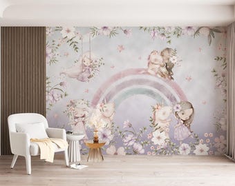 Forest Rainbow Wallpaper with Girls, Unicorns, and Flowers Mural-C53