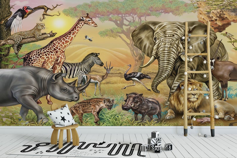 Jungle Safari Animals Peel and Stick Wallpaper | African Wildlife Mural ...