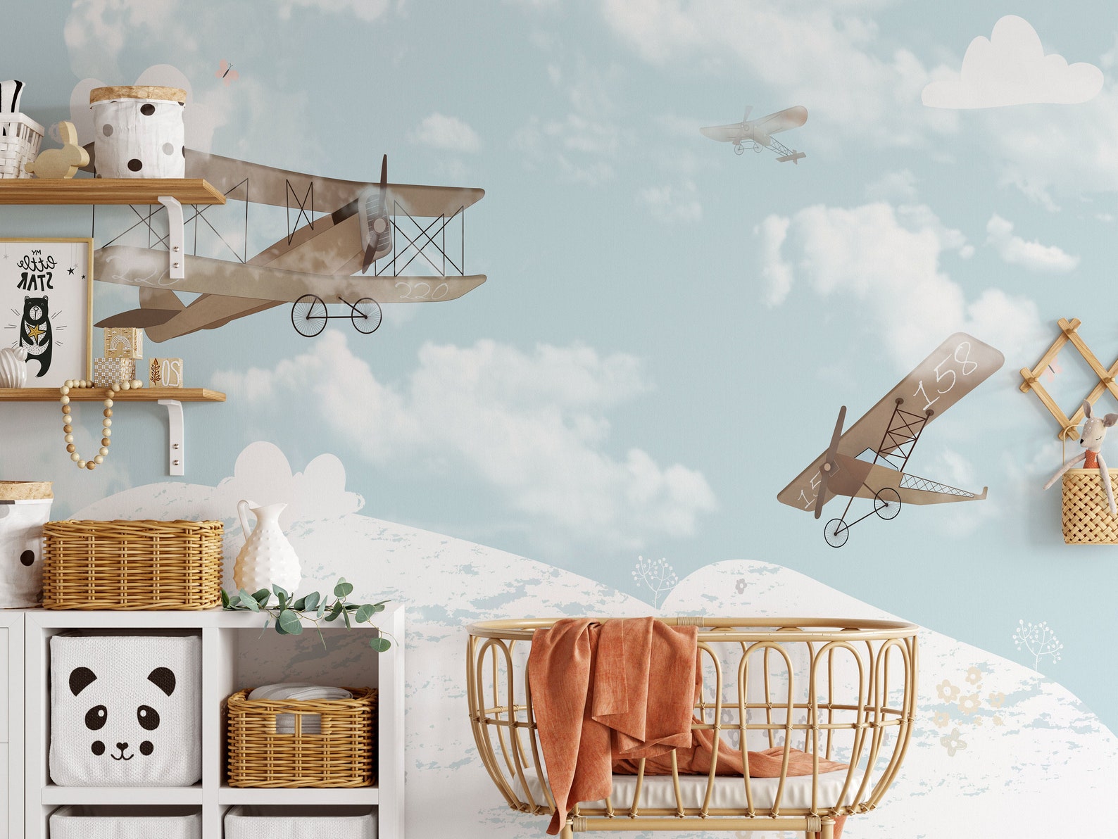 Nursery Wallpaper : Airplanes in the Sky, Children's Room Peel N Stick ...