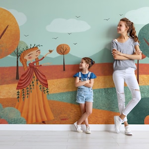 Autumn Forest Maiden Holding a Bird Amid Orange and Teal Trees