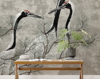 White Cranes Wallpaper Mural: Japanese Art, Tranquil Decor
