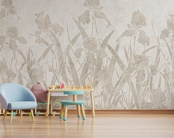Elegant Botanical Floral Wallpaper Mural | Beige Flower Peel and Stick Wallpaper-A307