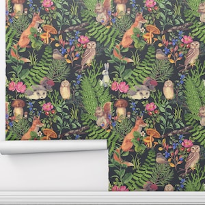 Carta da parati rimovibile con animali della foresta, carta da parati per bambini con buccia e bastoncino, rotolo di carta da parati autoadesiva con animali carini
