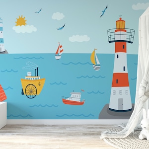 Papel tapiz autoadhesivo con diseño de océano azul y barcos para habitación infantil de Amazing Wallpaper