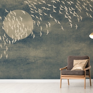 Chinoiserie Charm Wall Mural Wallpaper | Stylish Flying Bird Wallpaper for Walls | Vintage Oriental Home Décor | Peel and stick wallpaper