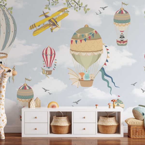 Hot Air Balloon Kids Wallpaper Peel and Stick Self Adhesive Flying Little Animals Nursery Room