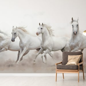 White Running Horse Wallpaper Murals | Peel and Stick | Majestic Equine Wall Art | Stunning Home Décor