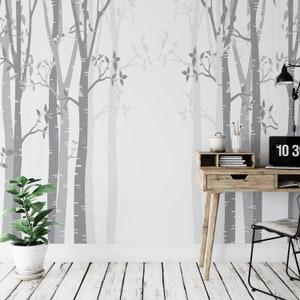 Birch Tree wallpaper Nursery, Woodland Birch, Aquarell, Pencil for children mural room
