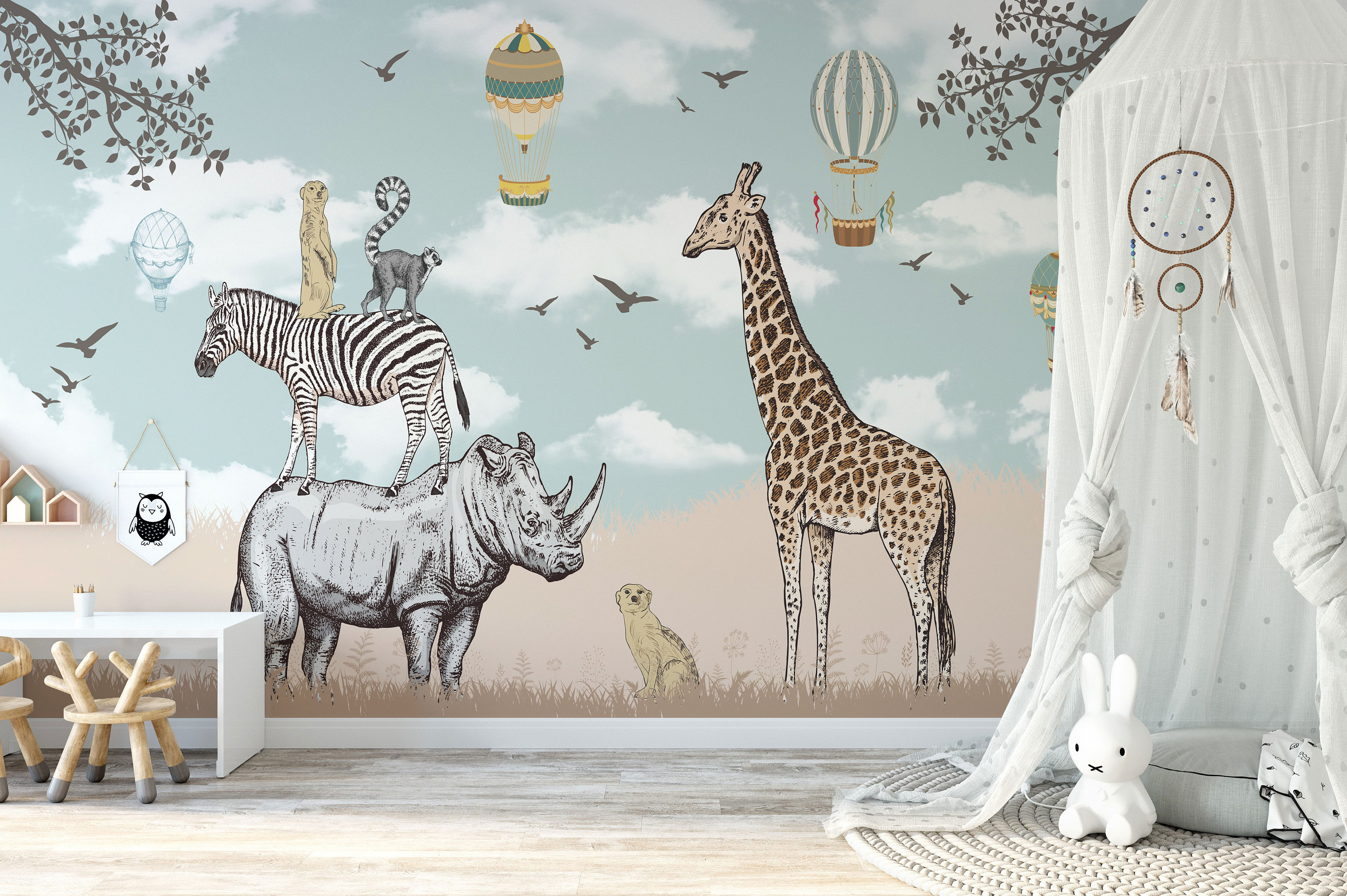 Children Wallpaper Mural Savannah animals. Air balloons in Etsy