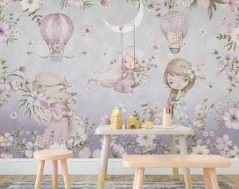 Blossom Dreamscape Wallpaper with Floating Balloons and Woodland Friends-C54
