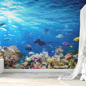 Underwater Scene With Coral Reef And Exotic Fishes Wallpaper Mural, Self Adhesive, Kids & Nursery Room Decor