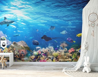 Underwater Scene With Coral Reef And Exotic Fishes Wallpaper Mural, Self Adhesive, Kids & Nursery Room Decor