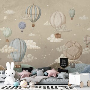 Air Balloon Adventure Over Mountains Mural - Kids' Wallpaper with Clouds & Stars Wall Mural - Beige Fantasy Skyline with Air Balloons