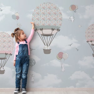 Cartoon Animals in the sky on Air balloons Wallpaper Mural for Kids Room Decor Self Adhesive, Kids & Nursery Room Decor