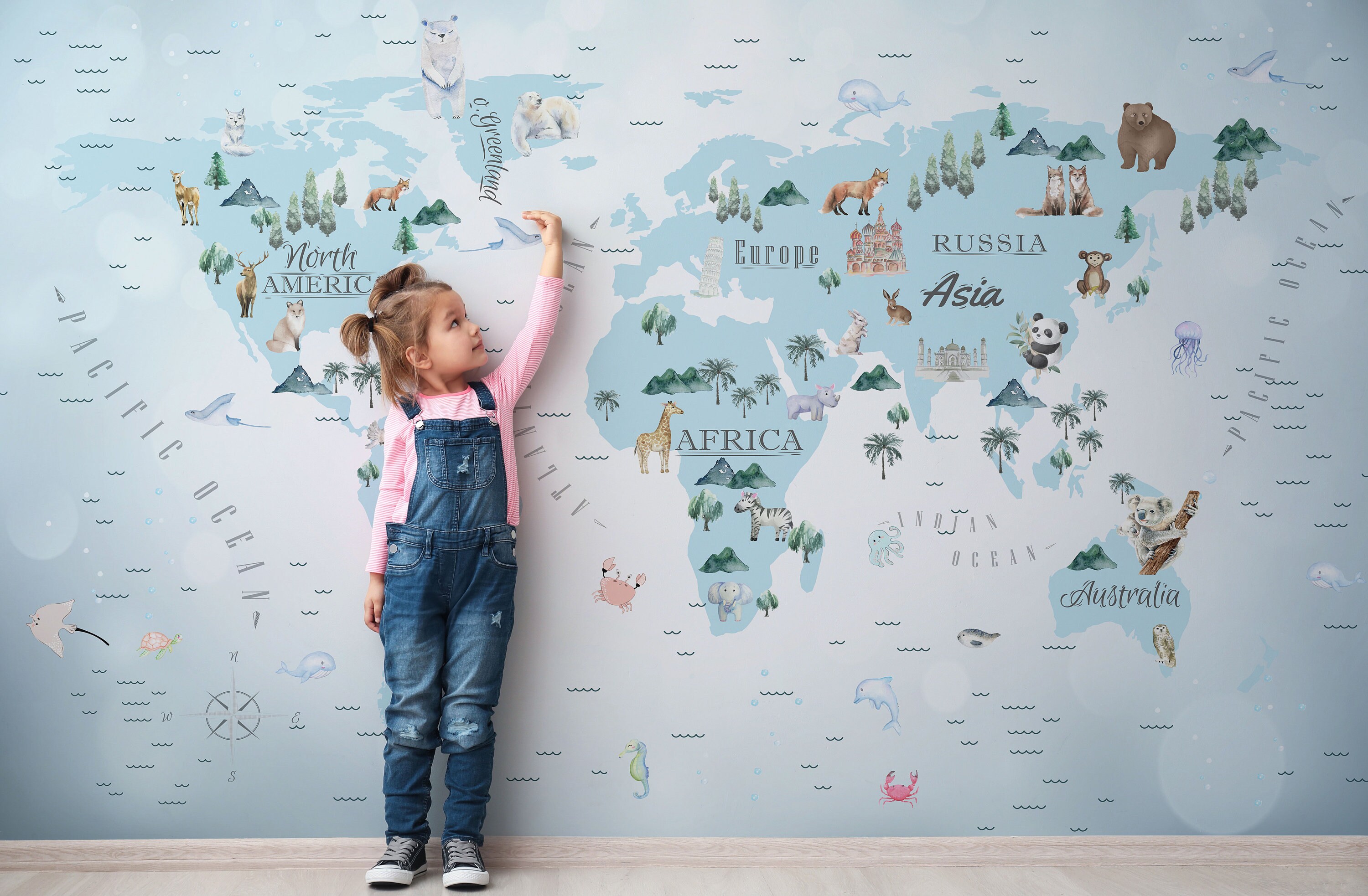 Kids World Map Wallpaper: Peel and Stick Animal Wall Mural - Etsy