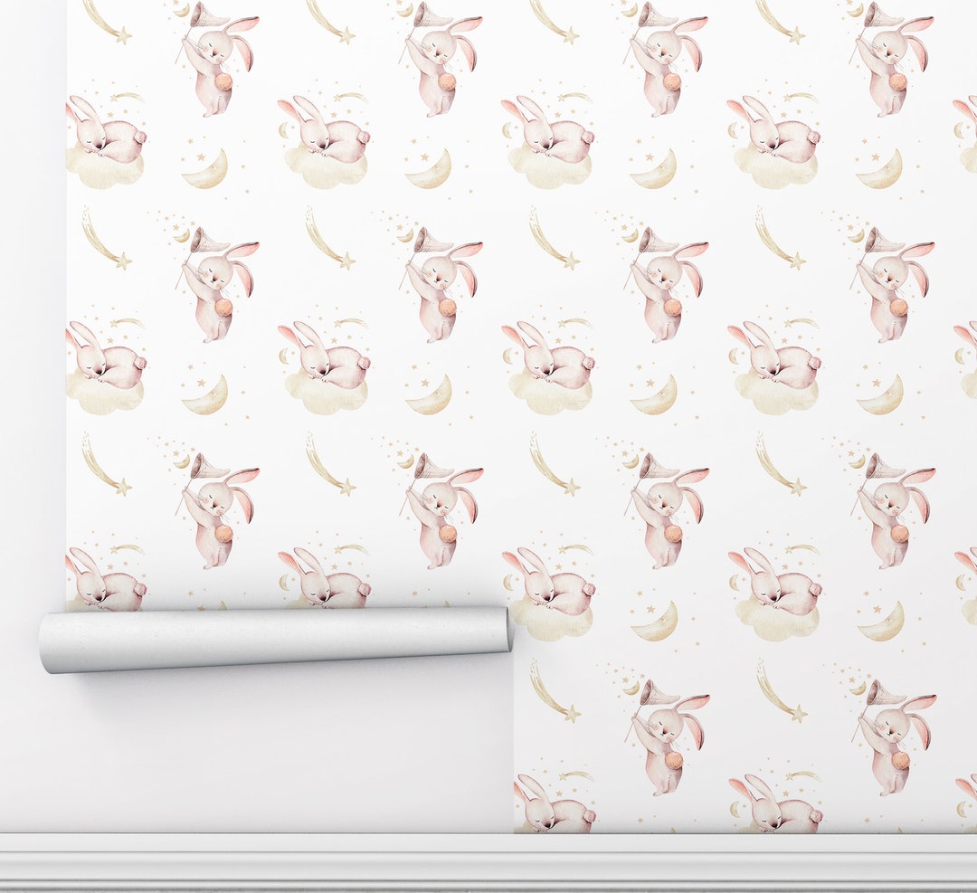 Baby Rabbit Wallpaper: Pink, Blue, Yellow Nursery Decor (peel and Stick ...