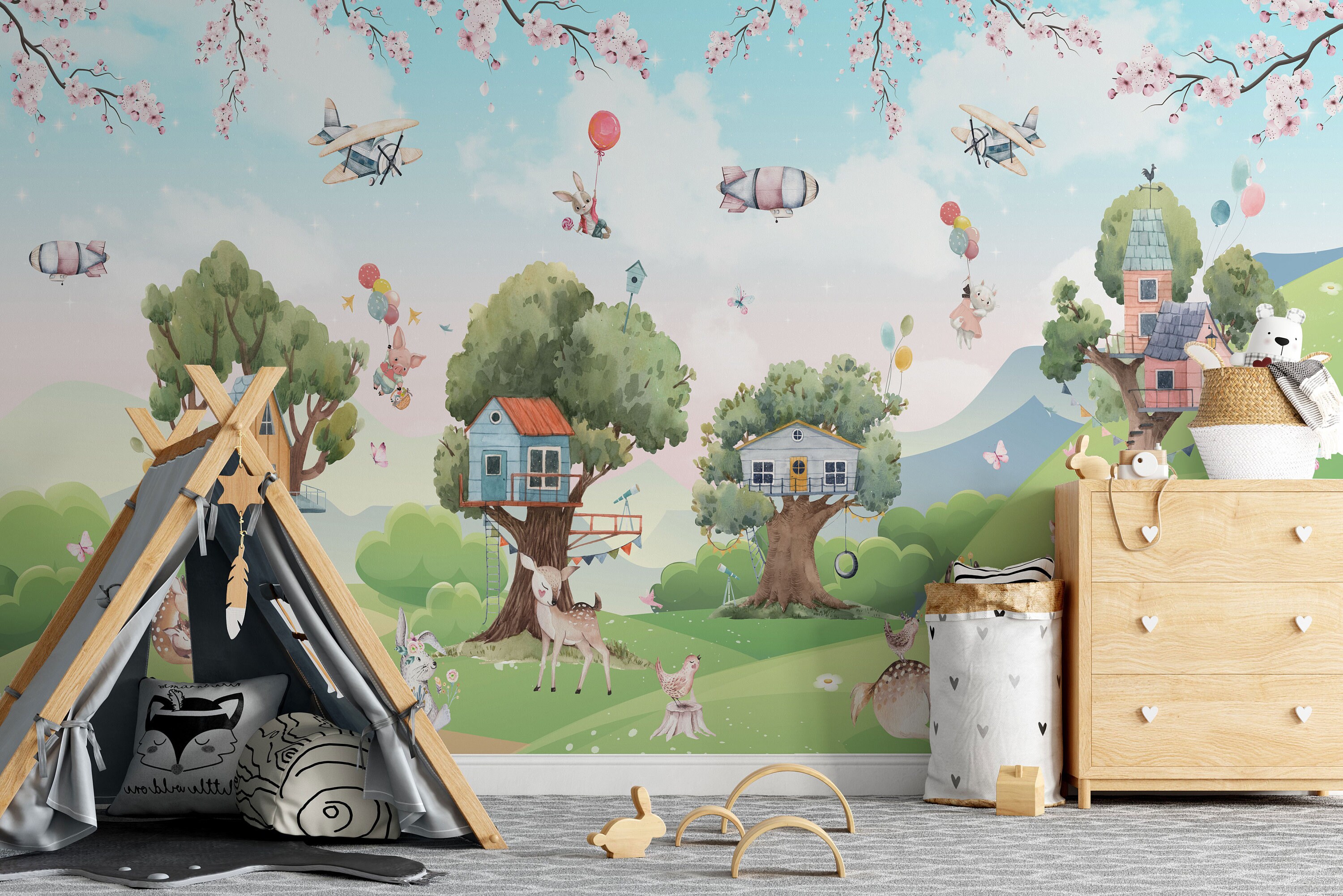 Magical Cartoon Forest With Animals Children Wallpaper With - Etsy