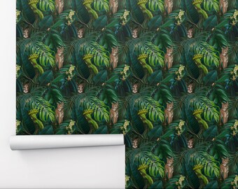 Dark Jungle Wallpaper: Tropical Cat Print, Peel and Stick