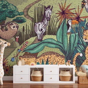 Colorful Jungle Wallpaper Mural with Sleeping Leopard and Exotic Animals Peel and Stick Wallpaper-A722
