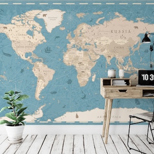 Blaue und Beige Farbe Weltkarte Vintage Old Style Atlas Karte Wallpaper Wandbilder - Amazing Wallpaper