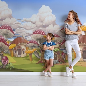 Fairy Forest Wallpaper: Mushroom House Mural, Peel and Stick