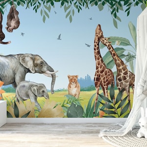 Safari Animal Wallpaper Mural: Watercolor Jungle Peel and Stick, Nursery Decor