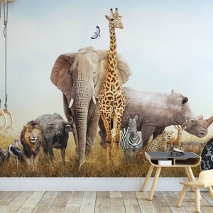 African Safari Animals Wallpaper: Kids Room Jungle Mural, Removable Self Adhesive