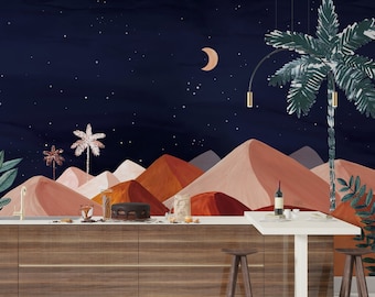 Desert Night Oasis Wallpaper Mural: Verdant Trees, Moon, Peel & Stick