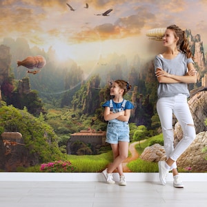 Vivid Magical Country with Airships Wallpaper Mural – Fantasy Scenery Wall Art for Home
