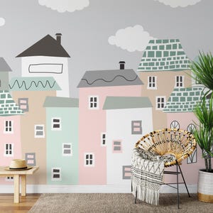 Pastel Houses Wallpaper: Kids Room Decor, Peel and Stick Mural