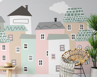 Behang pastelkleurige huizen: kinderkamerdecoratie, Peel-and-Stick-muurschildering