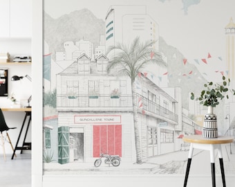 Vintage Street Mural: Hand-Sketched Urban Scene Wallpaper