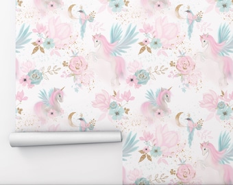 Removable Water-Activated Wallpaper Unicorn Baby Girl Nursery Girls Kids Removable Water-Activated Wallpaper Unicorn Baby Girl Nursery Girls Kids